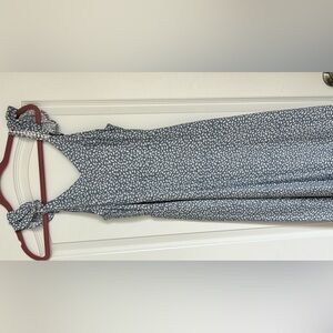 Blue and white speckled dress, detailing on shoulders and bottom hem
